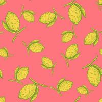 Seamless pattern lemon on branch with leaves engraving. Vintage background of citrus fruits in hand drawn style. vector