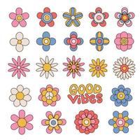 Big set of colorful floral geometric daisies. Groovy flowers collection in 70s hippie aesthetic. Funny multicolored botanical art print elements. Linear hand drawn vector illustration.