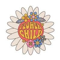Flower child - Seventies retro flower power lettering slogan with hippie groovy flowers in circle print in shape of big daisy for girl tee t shirt and sticker. Vevrabt linear Vector illustration.