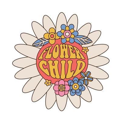 Flower child - Seventies retro flower power lettering slogan with hippie groovy flowers in circle print in shape of big daisy for girl tee t shirt and sticker. Vevrabt linear Vector illustration.