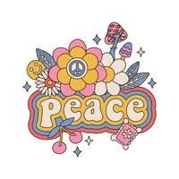 concepto tipográfico aislado de impresión psicodélica con símbolo hippie, adorno de flores, hongos divertidos y cereza. Plantilla de etiqueta de estilo años 70. ilustración vectorial maravillosa.