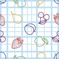 de patrones sin fisuras con frutas en hule a cuadros. iconos de contorno de ciruela, manzana, pera, cereza y fresa. vector