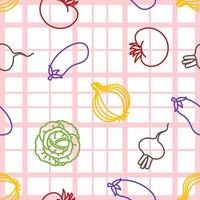 Seamless pattern with vegetables on plaid oilcloth. Cabbage, beet, tomato, onion and eggplant outline icons. vector