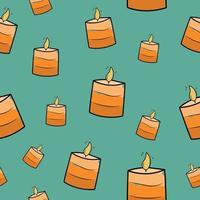 Seamless pattern with doodle candles, vector illustration on turquoise background. Flame, orange shades, contour. Colorful design for packaging paper, fabric