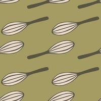 Simple abstract kitchen tools seamless pattern with corolla ornament. Olive pale tones background. vector