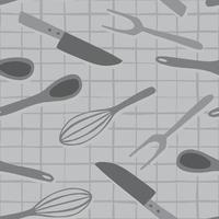 Seamless kitchenware pattern with doodle stylized knife, spoon, fork, corolla shapes. Cooking ornament artwork with chequered background in grey tones. vector