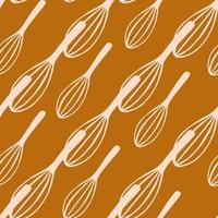 Seamless stylized kitchen tool pattern with corolla simple figures. Light pastel tones cooking ornament on dark orange background. vector