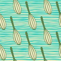 Green colored corolla ornament seamless pattern. Doodle simple kitchen elements on background with blue strips. vector