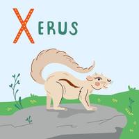 Cute xerus vector illustration with alphabet-X. Ground squirrel character on white background, isolated object.