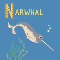 Cute gray narwhal with horn vector illustration. Childish magic marine animal in an ocean with seaweed