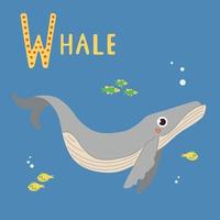 Cute whale vector illustration on dark blue ocean with small fishes. Sea ocean animal character