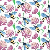 Trendy seamless floral pattern with bees and pink flowers. Fabric design with flowers and bees. Cute hand drawn bright honey repeated pattern for fabric, wallpaper and more. vector