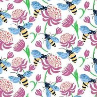 Trendy seamless floral pattern with bees and pink flowers. Fabric design with flowers and bees. Cute hand drawn bright honey repeated pattern for fabric, wallpaper and more. vector