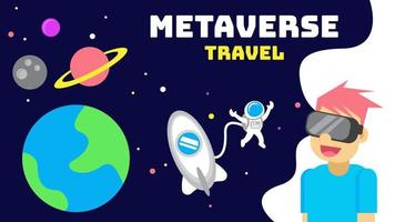 Metaverse Travel. Illustration vector graphic cartoon character of boy wear virtual reality device.