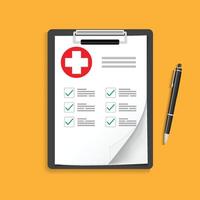 Clipboard with medical cross and pen. Clinical record, prescription, claim, medical check marks report, health insurance concepts. Premium quality. Modern flat design graphic elements. vector