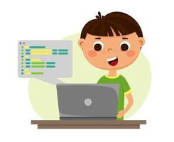 The child writes the program code. Children robotics programming. Vector illustration isolated on a white background