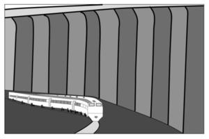 an illustration of a train passing beside a building on a gray background
