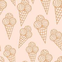 Hand drawn colorful seamless pattern with ice cream with three balls in the waffle cup with doodle counter. vector