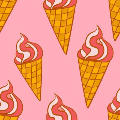 Hand drawn colorful seamless pattern with strawberry ice cream in the waffle cone.