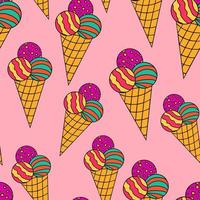 Hand drawn colorful seamless pattern with ice cream with three balls in the waffle cup with doodle black counter. vector