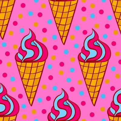 Hand drawn colorful seamless pattern with strawberry ice cream in the waffle cone.