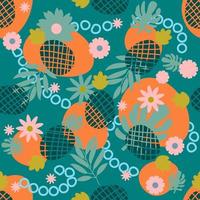 Cute tropical seamless pattern with pineapple, palm leaf, flower, stain, circle. Abstract colorful background with exotic fruits, palm foliage. vector