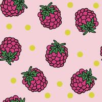 Seamless pattern with messy cartoon doodle linear raspberries isolated on pink background. vector