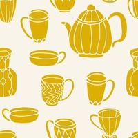 Cute dishes seamless pattern. Background with teapot, cup, vase. vector