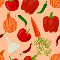 Vegetables seamless pattern. Onion and peppers, garlic and carrot, tomato and chilli pepper.