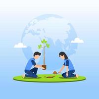earth day illustration, with 2 people plant trees vector