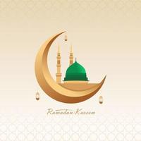 ramadan kareem con luna y una mezquita nabawi vector