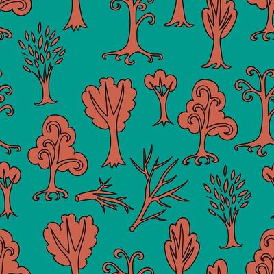 Cute doodle seamless pattern with different trees and branches. Hand drawn infinity forest background. Cartoon woodland. The best for design, textile, fabric, wrapping paper, kids.