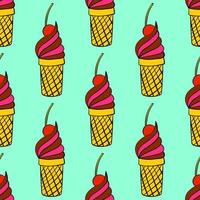 Cute colorful cartoon seamless pattern with doodle ice cream with cherry in the waffle cup. vector
