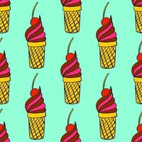 Cute colorful cartoon seamless pattern with doodle ice cream with cherry in the waffle cup. vector