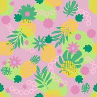 Cute tropical seamless pattern with pineapple, palm leaf, flower, stain, circle. Abstract colorful background with exotic fruits, palm foliage. vector