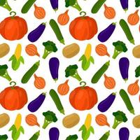Vegetables seamless pattern. Pumpkin and onion, potato and corn, broccoli and zucchini, eggplant. vector