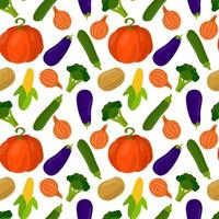 Vegetables seamless pattern. Pumpkin and onion, potato and corn, broccoli and zucchini, eggplant. vector