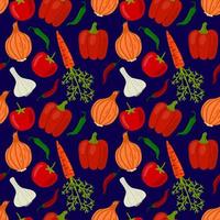 Vegetables seamless pattern. Onion and peppers, garlic and carrot, tomato and chilli pepper. vector