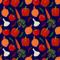 Vegetables seamless pattern. Onion and peppers, garlic and carrot, tomato and chilli pepper. vector