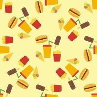 patrón sin costuras con comida rápida. hamburguesa con queso, papas fritas, helado, soda. fondo para uso en diseño, sitio web, embalaje, textil, tela vector