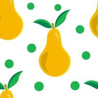 Colorful seamless pattern with yellow pear with leaves, green polka dots. Cute fruit background. vector