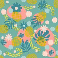 Cute tropical seamless pattern with pineapple, palm leaf, flower, stain, circle. Abstract colorful background with exotic fruits, palm foliage. vector