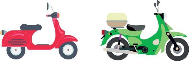 conjunto de motos. motocicleta y scooter, bicicleta y chopper. motocross y entrega vehículos retro y modernos iconos vectoriales de vista lateral. scooter de ilustración y motocicleta, chopper y moto deportiva