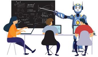 Modern robot helping teachers in the physics class at the chalkboard with formulas. Flat style vector illustration isolated on white background.