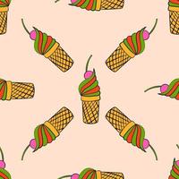 Cute colorful cartoon seamless pattern with doodle ice cream with cherry in the waffle cup. vector