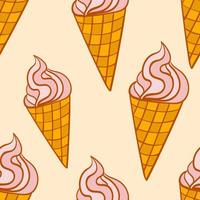 Hand drawn colorful seamless pattern with strawberry ice cream in the waffle cone. vector