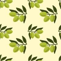 Green olive branch with berries and leaves seamless pattern. Vegetables background. vector