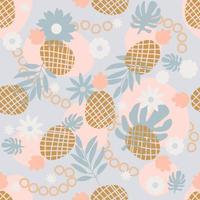 Cute tropical seamless pattern with pineapple, palm leaf, flower, stain, circle. Abstract colorful background with exotic fruits, palm foliage. vector