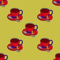 Seamless tea pattern. Cup of tea on a saucer with a teaspoon and sugar slices. Cute background. vector