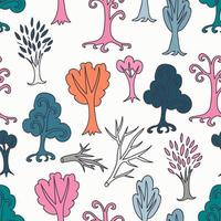 Cute doodle seamless pattern with different trees and branches. Hand drawn infinity forest background. Cartoon woodland. The best for design, textile, fabric, wrapping paper, kids. vector